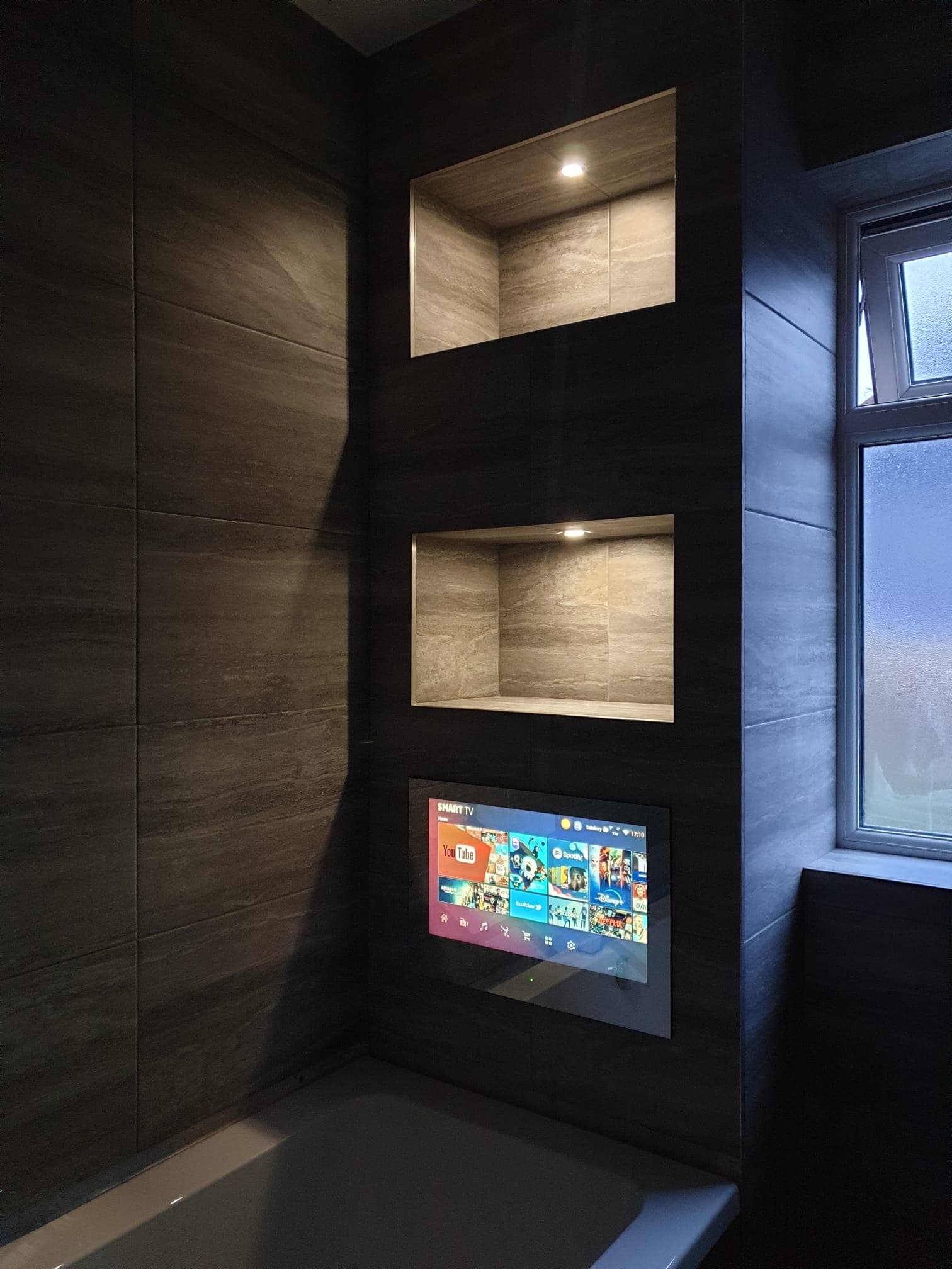 Modern bathroom remodel with walk-in shower area